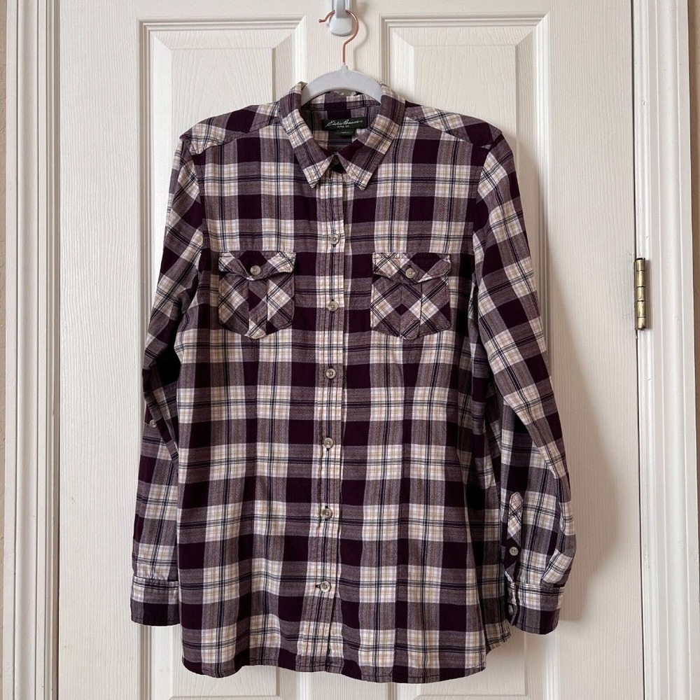 Eddie Bauer Women's Plaid Shirt Large Purple Multicolor Long Sleeve Roll Tab